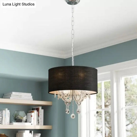 Modern Black Drum Fabric Chandelier With Crystal Ball Accents - 4-Light Ceiling Pendant