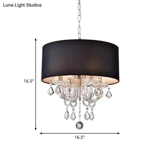 Modern Black Drum Fabric Chandelier With Crystal Ball Accents - 4-Light Ceiling Pendant