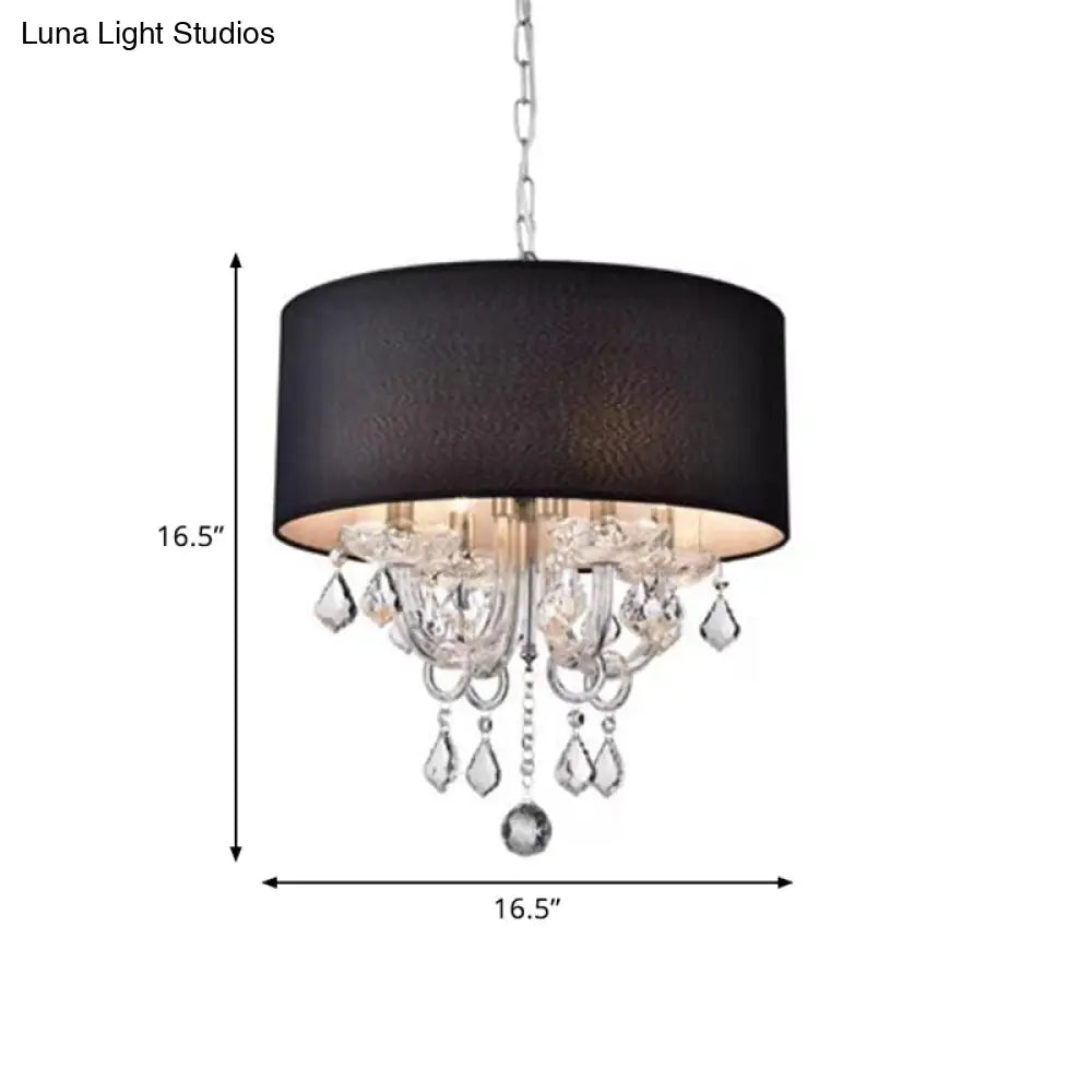 Modern Black Fabric Drum Chandelier With Crystal Ball Accent - Ceiling Light