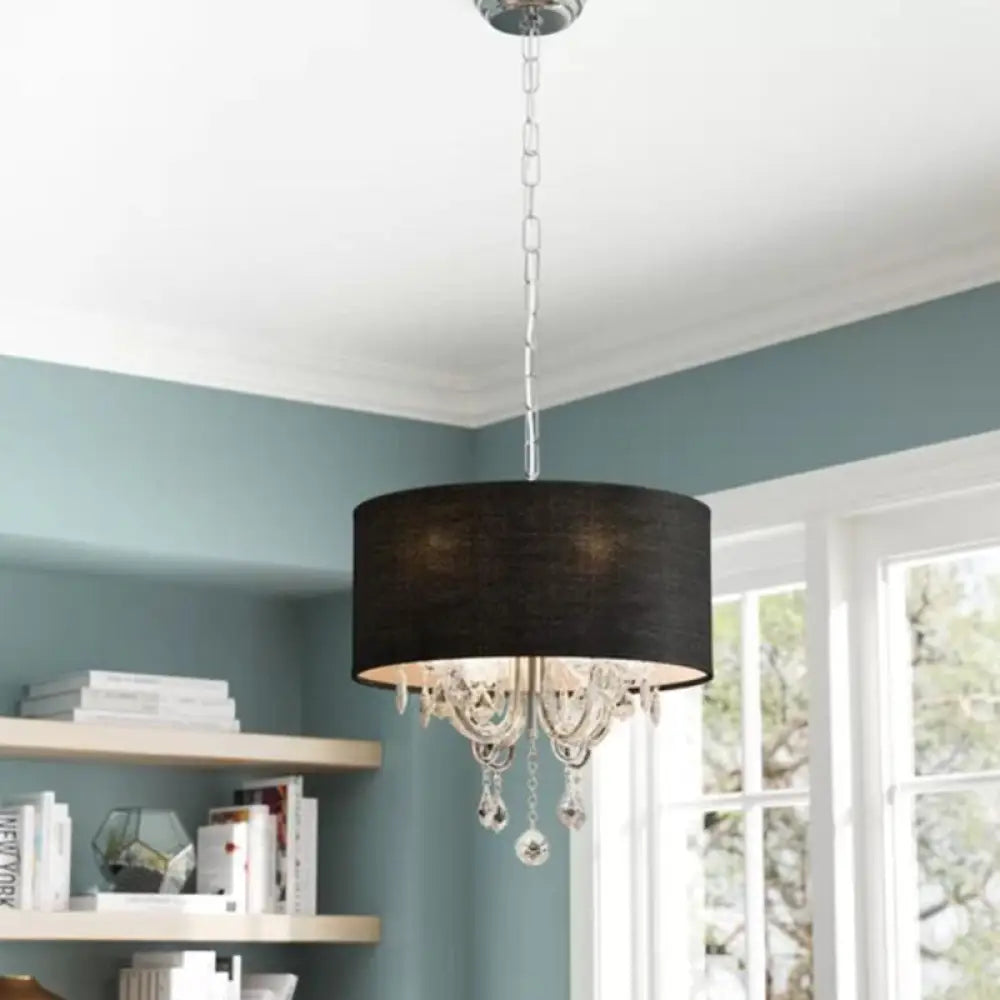 Modern Black Fabric Drum Chandelier With Crystal Ball Accent - Ceiling Light