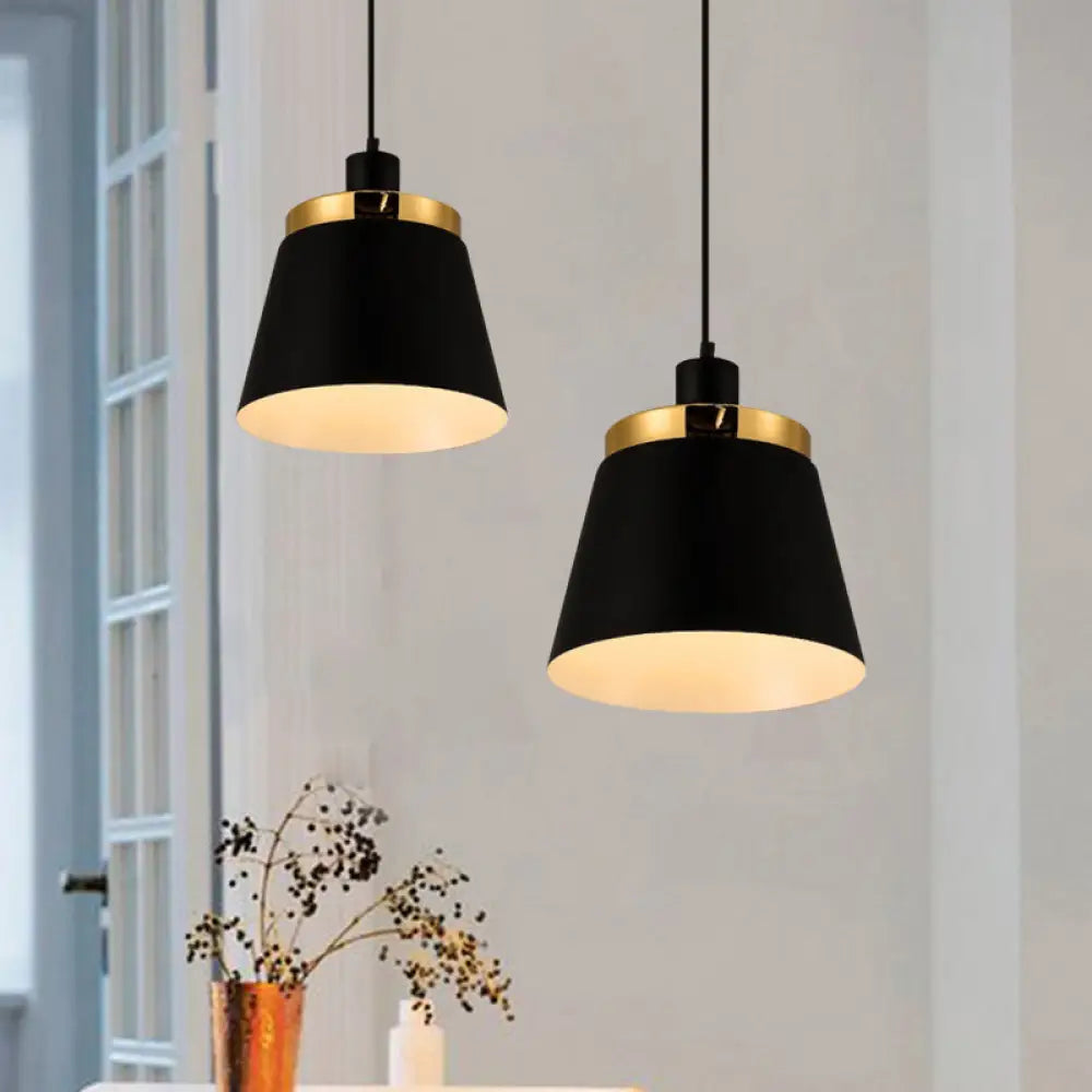 Modern Black Finish Barrel Shade Pendant Lamp - Metallic 1 Light Ceiling Fixture For Bedroom Hanging