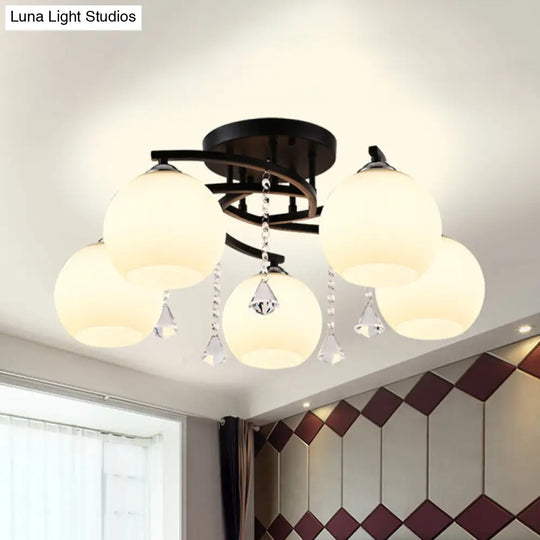 Modern Black Finish Sphere Semi Flush Lamp With Cream Glass - 5-Bulb Spiral Mount Lighting Fixture