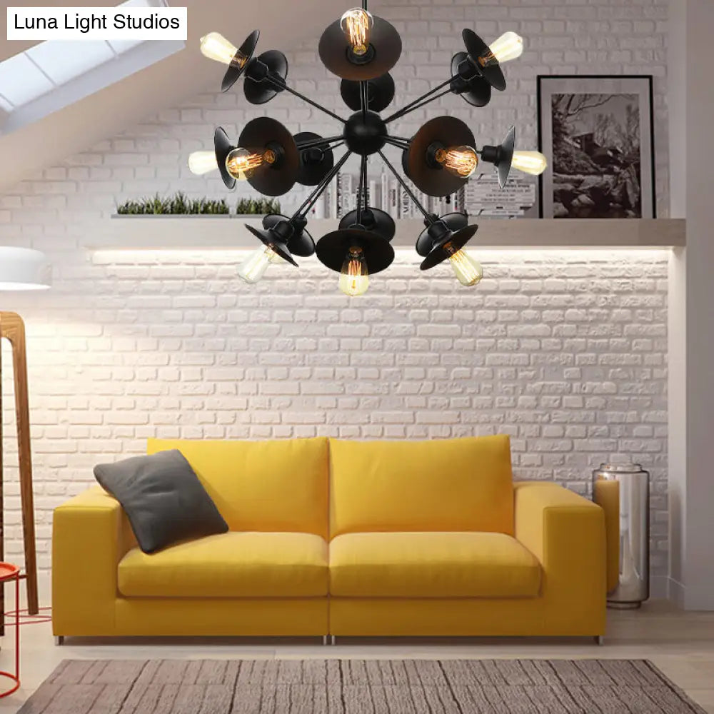 Sleek Black Flare Shade Chandelier - Factory Metal 9/12/15 Lights Elegant Ceiling Light With Sputnik