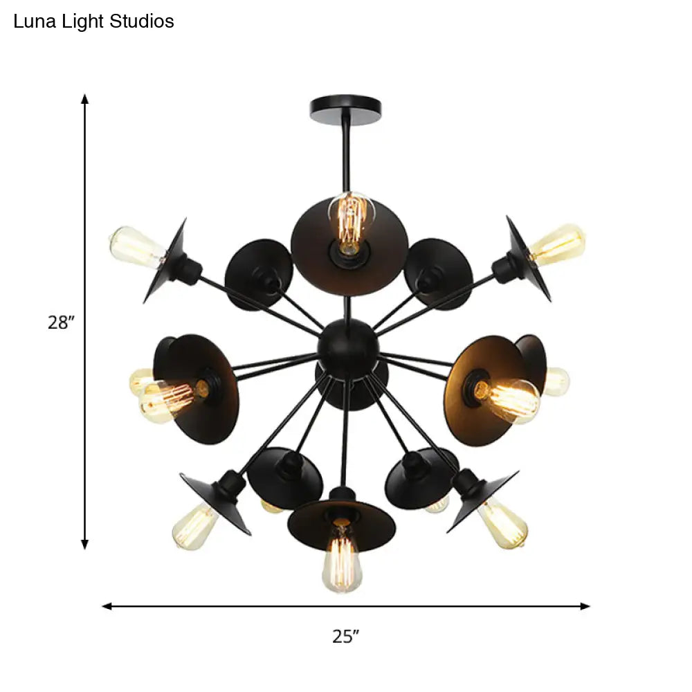 Sleek Black Flare Shade Chandelier - Factory Metal 9/12/15 Lights Elegant Ceiling Light With Sputnik