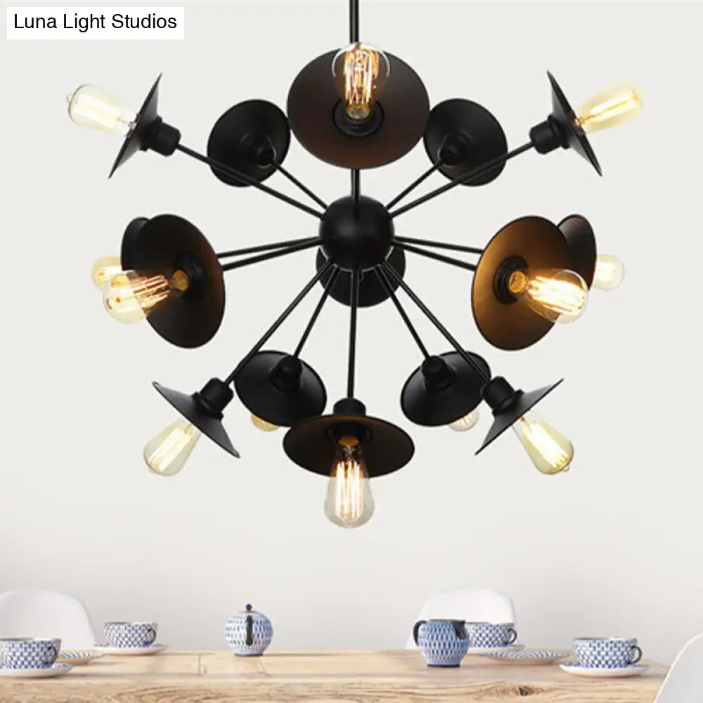 Sleek Black Flare Shade Chandelier - Factory Metal 9/12/15 Lights Elegant Ceiling Light With Sputnik