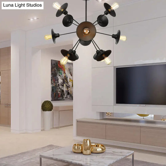 Sleek Black Flare Shade Chandelier - Factory Metal 9/12/15 Lights Elegant Ceiling Light With Sputnik