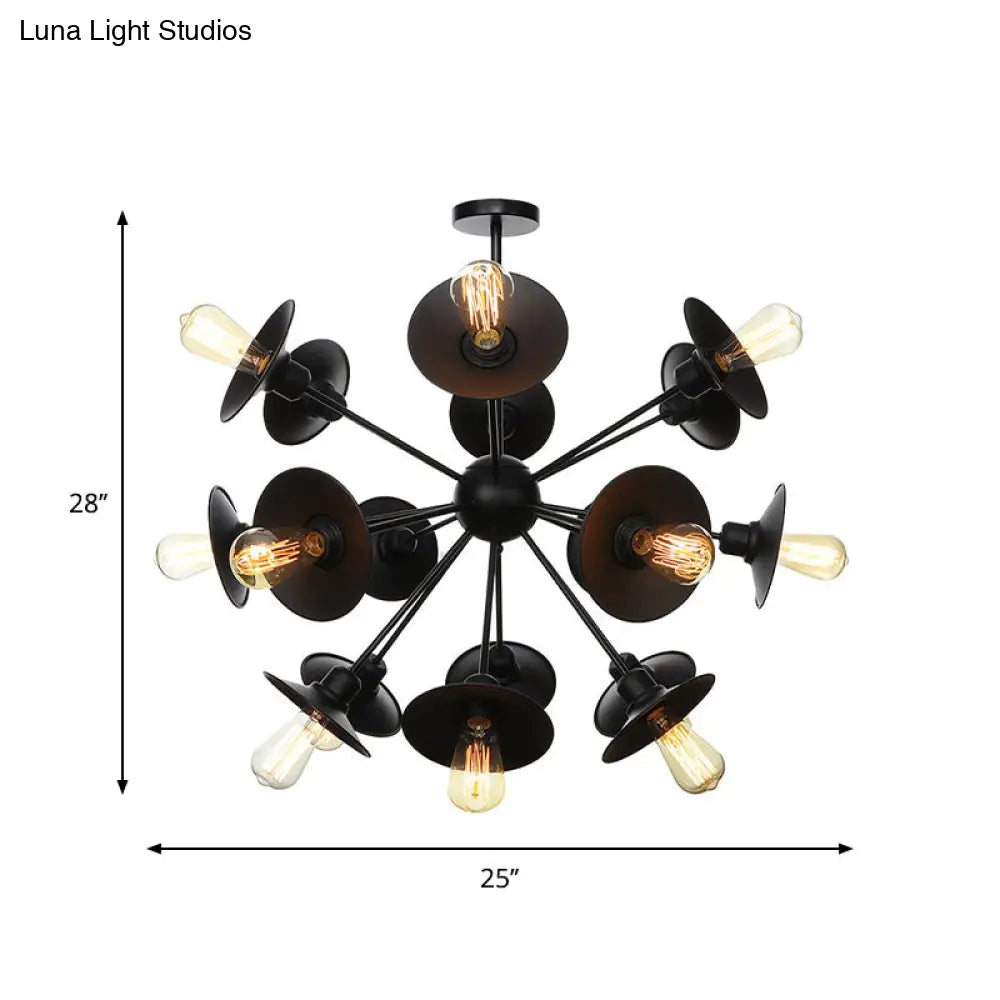 Sleek Black Flare Shade Chandelier - Factory Metal 9/12/15 Lights Elegant Ceiling Light With Sputnik