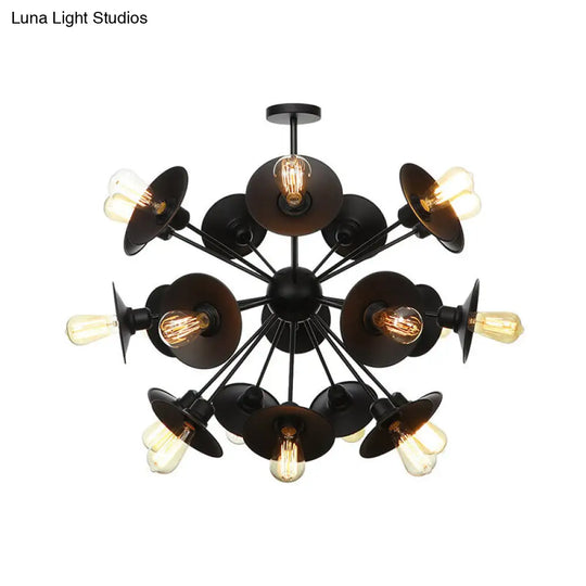 Sleek Black Flare Shade Chandelier - Factory Metal 9/12/15 Lights Elegant Ceiling Light With Sputnik