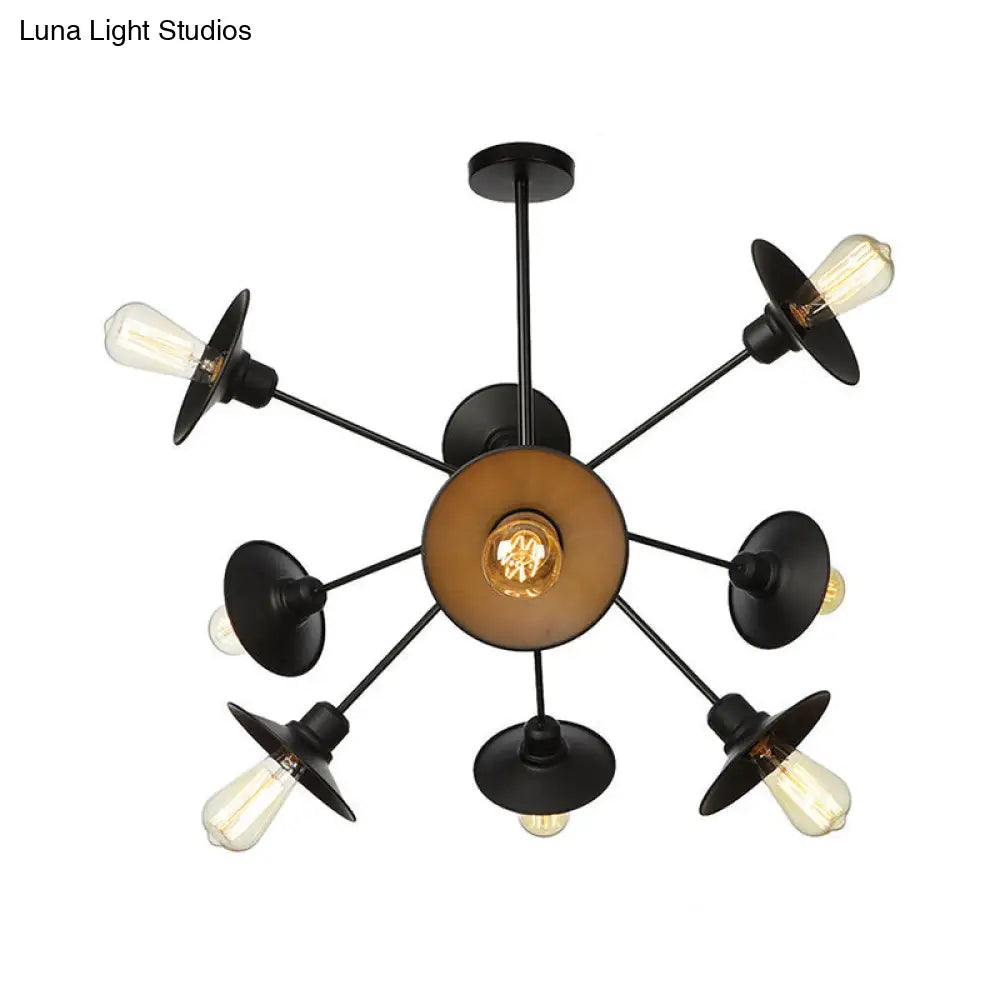 Sleek Black Flare Shade Chandelier - Factory Metal 9/12/15 Lights Elegant Ceiling Light With Sputnik