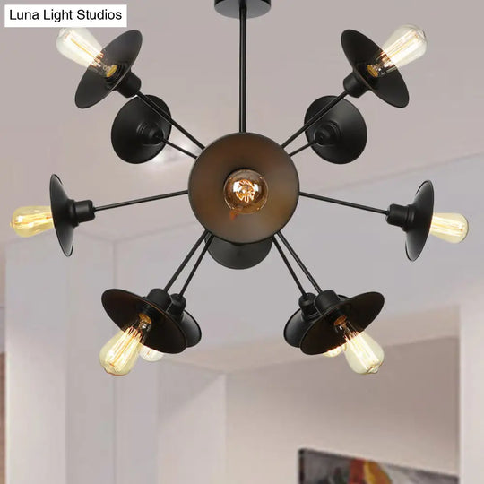 Sleek Black Flare Shade Chandelier - Factory Metal 9/12/15 Lights Elegant Ceiling Light With Sputnik