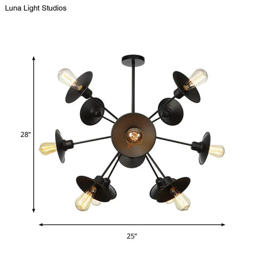 Sleek Black Flare Shade Chandelier - Factory Metal 9/12/15 Lights Elegant Ceiling Light With Sputnik