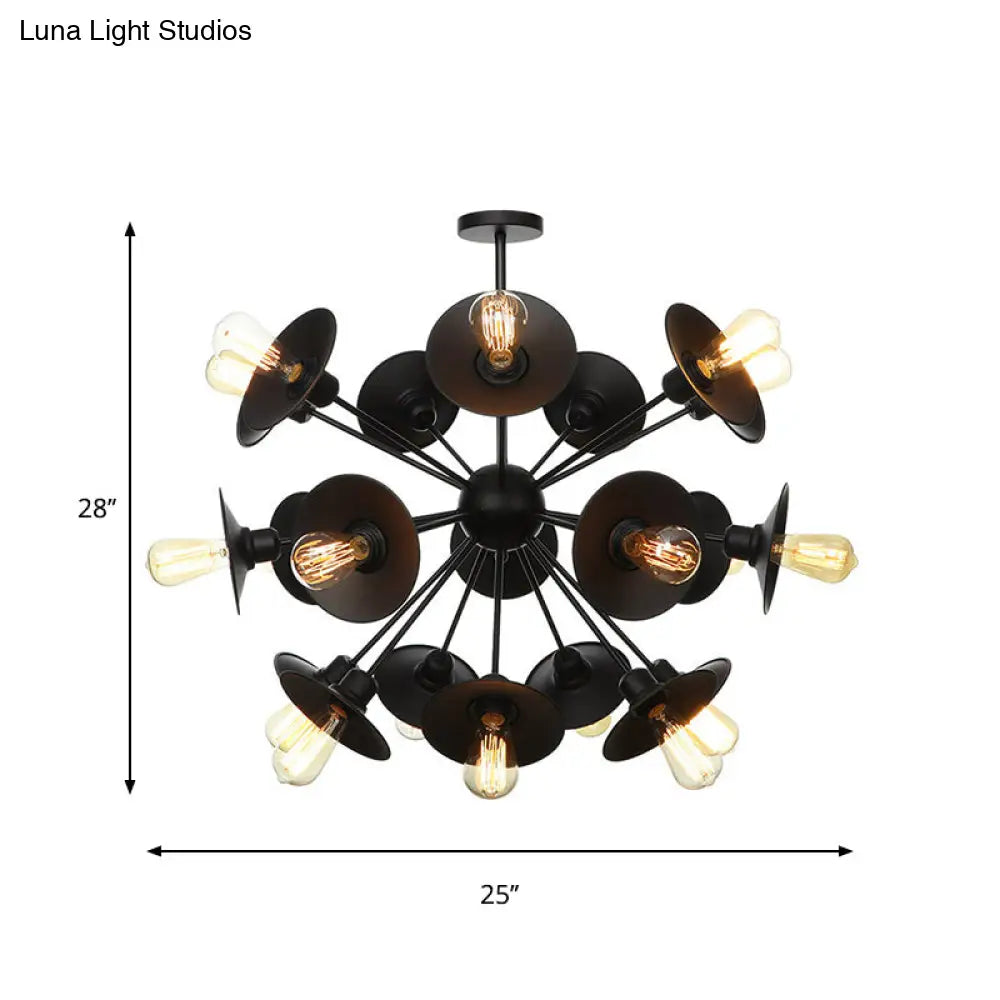 Sleek Black Flare Shade Chandelier - Factory Metal 9/12/15 Lights Elegant Ceiling Light With Sputnik