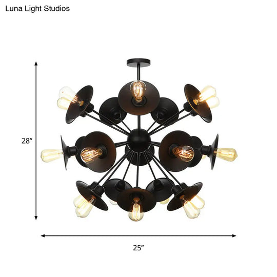 Sleek Black Flare Shade Chandelier - Factory Metal 9/12/15 Lights Elegant Ceiling Light With Sputnik