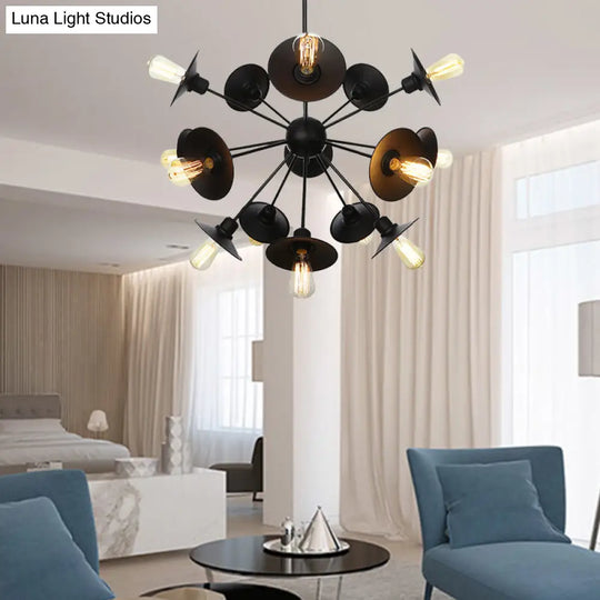 Sleek Black Flare Shade Chandelier - Factory Metal 9/12/15 Lights Elegant Ceiling Light With Sputnik