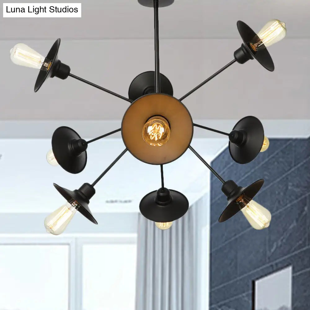 Sleek Black Flare Shade Chandelier - Factory Metal 9/12/15 Lights Elegant Ceiling Light With Sputnik