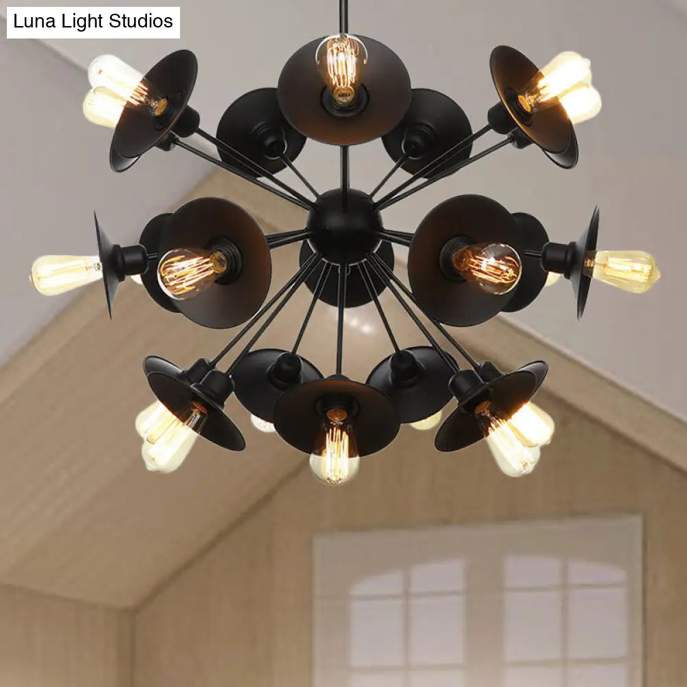 Sleek Black Flare Shade Chandelier - Factory Metal 9/12/15 Lights Elegant Ceiling Light With Sputnik