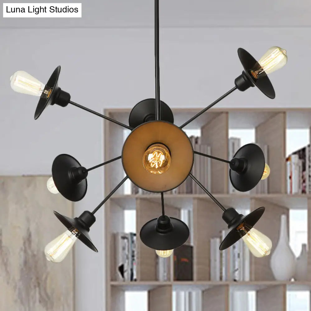 Sleek Black Flare Shade Chandelier - Factory Metal 9/12/15 Lights Elegant Ceiling Light With Sputnik