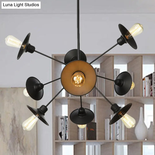 Sleek Black Flare Shade Chandelier - Factory Metal 9/12/15 Lights Elegant Ceiling Light With Sputnik