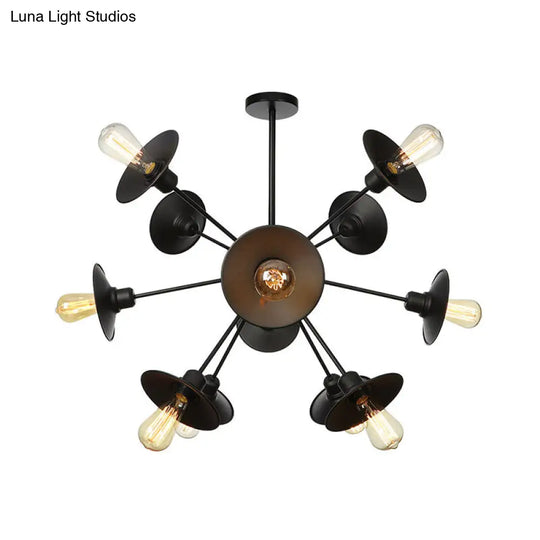 Sleek Black Flare Shade Chandelier - Factory Metal 9/12/15 Lights Elegant Ceiling Light With Sputnik