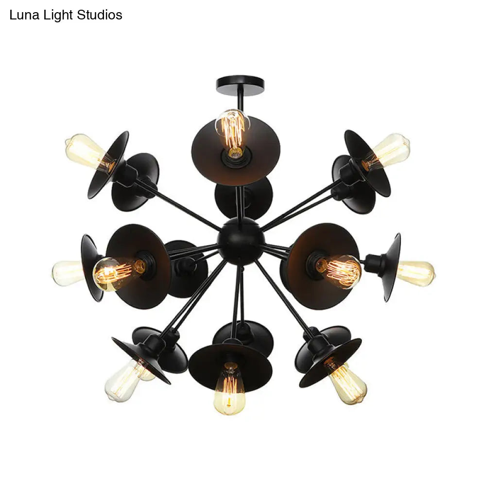 Sleek Black Flare Shade Chandelier - Factory Metal 9/12/15 Lights Elegant Ceiling Light With Sputnik