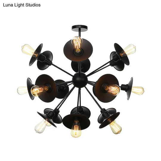 Sleek Black Flare Shade Chandelier - Factory Metal 9/12/15 Lights Elegant Ceiling Light With Sputnik