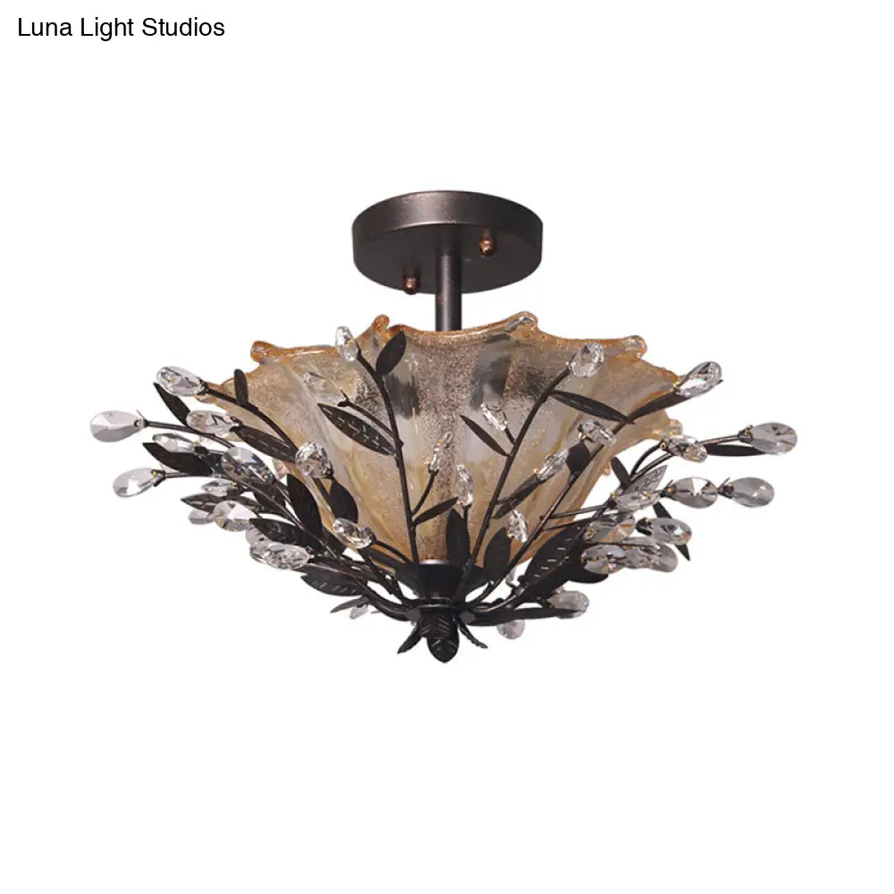 Modern Black Flared Semi-Flush Mount Ceiling Light With Amber Glass And Crystal Branch Accent – 2