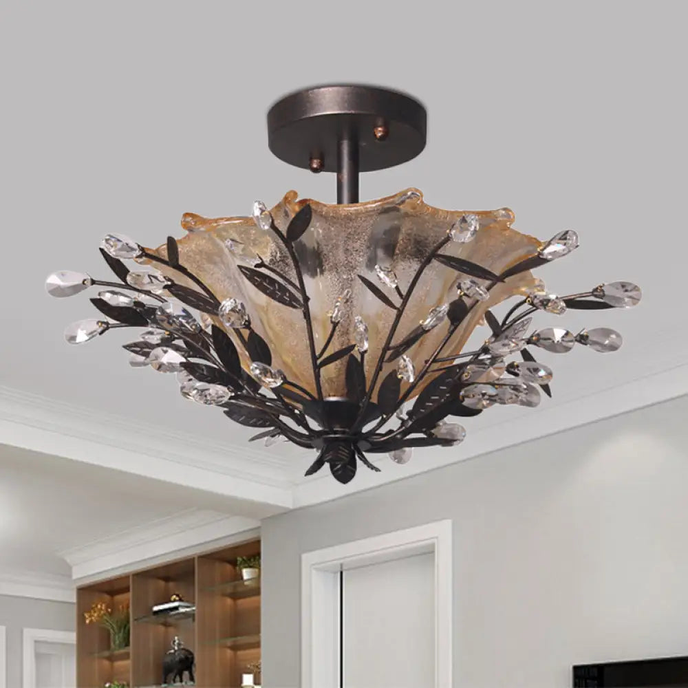 Modern Black Flared Semi-Flush Mount Ceiling Light With Amber Glass And Crystal Branch Accent – 2