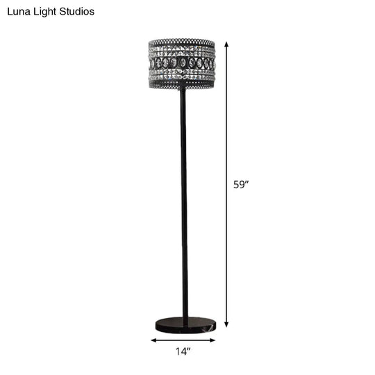 Modern Black Floor Lamp With Crystal-Encrusted Shade - 1 Bulb Living Room Stand Light