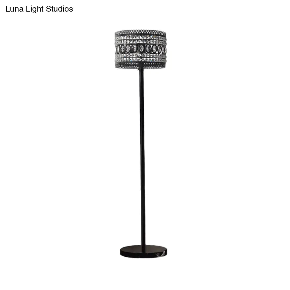 Modern Black Floor Lamp With Crystal-Encrusted Shade - 1 Bulb Living Room Stand Light