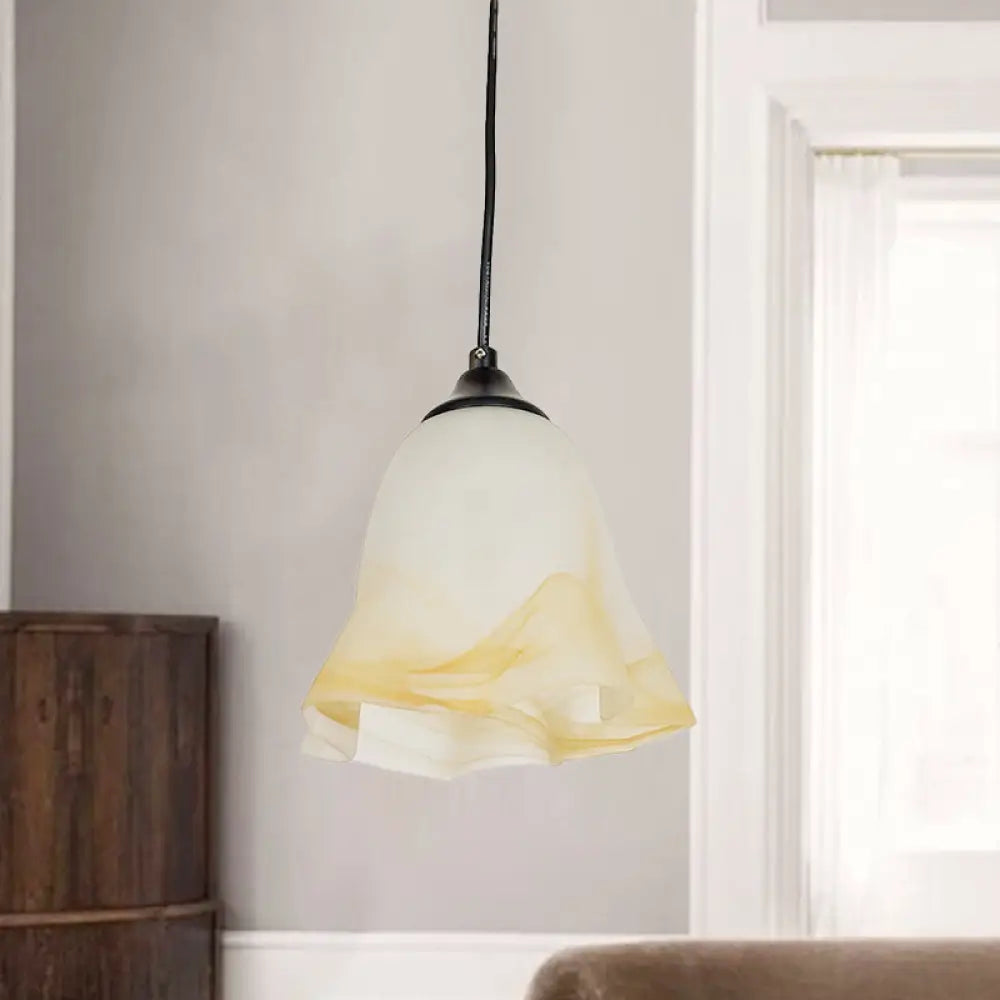 Modern Black Floral Ceiling Hang Fixture With White Frosted Glass Shade - 1-Light Down Light