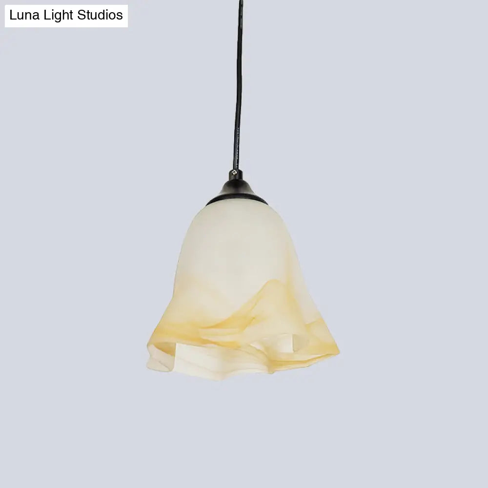 Modern Black Floral Ceiling Hang Fixture With White Frosted Glass Shade - 1-Light Down Light