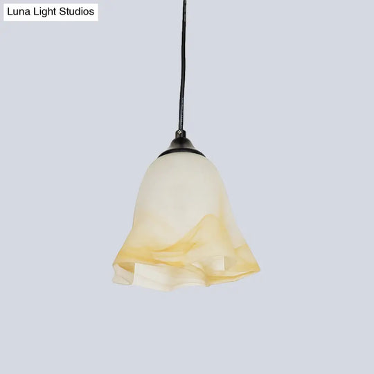 Modern Black Floral Ceiling Hang Fixture With White Frosted Glass Shade - 1-Light Down Light