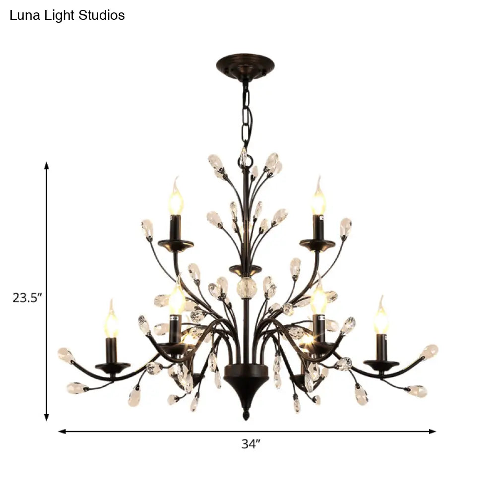 Modern Black Floral Iron Chandelier - 3/6/9-Light Dining Room Pendant With Crystal Draping