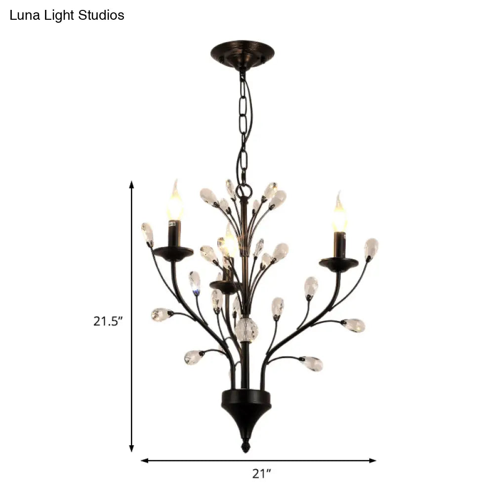 Modern Black Floral Iron Chandelier - 3/6/9-Light Dining Room Pendant With Crystal Draping