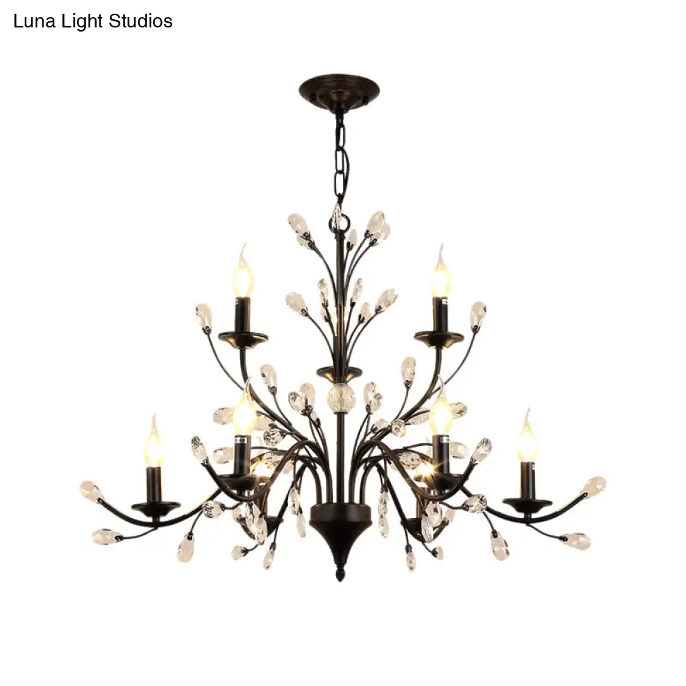 Modern Black Floral Iron Chandelier - 3/6/9-Light Dining Room Pendant With Crystal Draping