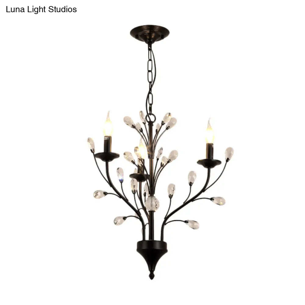 Modern Black Floral Iron Chandelier - 3/6/9-Light Dining Room Pendant With Crystal Draping