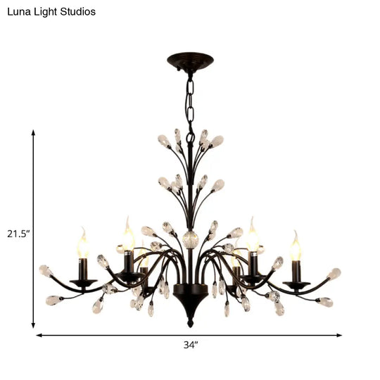 Modern Black Floral Iron Chandelier - 3/6/9-Light Dining Room Pendant With Crystal Draping