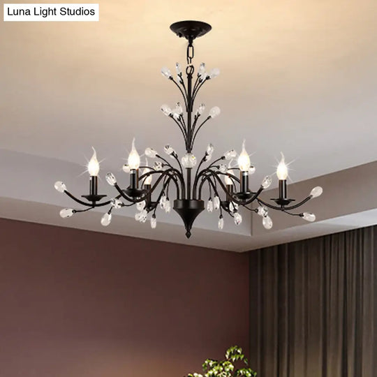 Modern Black Floral Iron Chandelier - 3/6/9-Light Dining Room Pendant With Crystal Draping