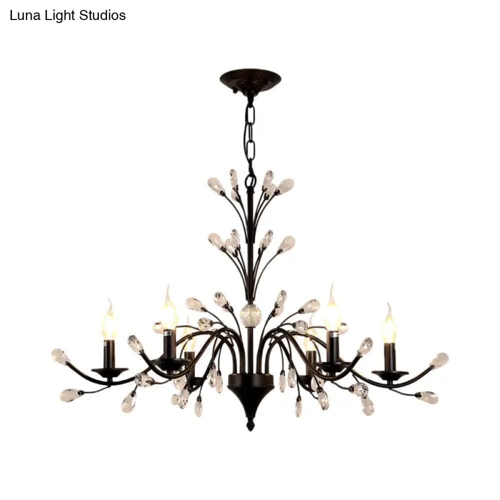 Modern Black Floral Iron Chandelier - 3/6/9-Light Dining Room Pendant With Crystal Draping