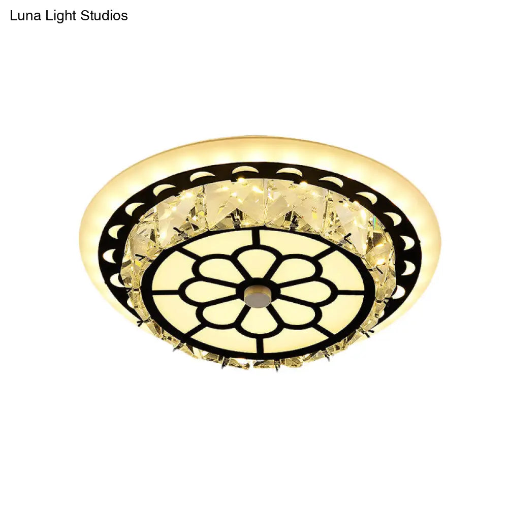 Modern Black Floral Pattern Crystal Led Ceiling Light - Beveled Round/Square Flushmount Lamp For