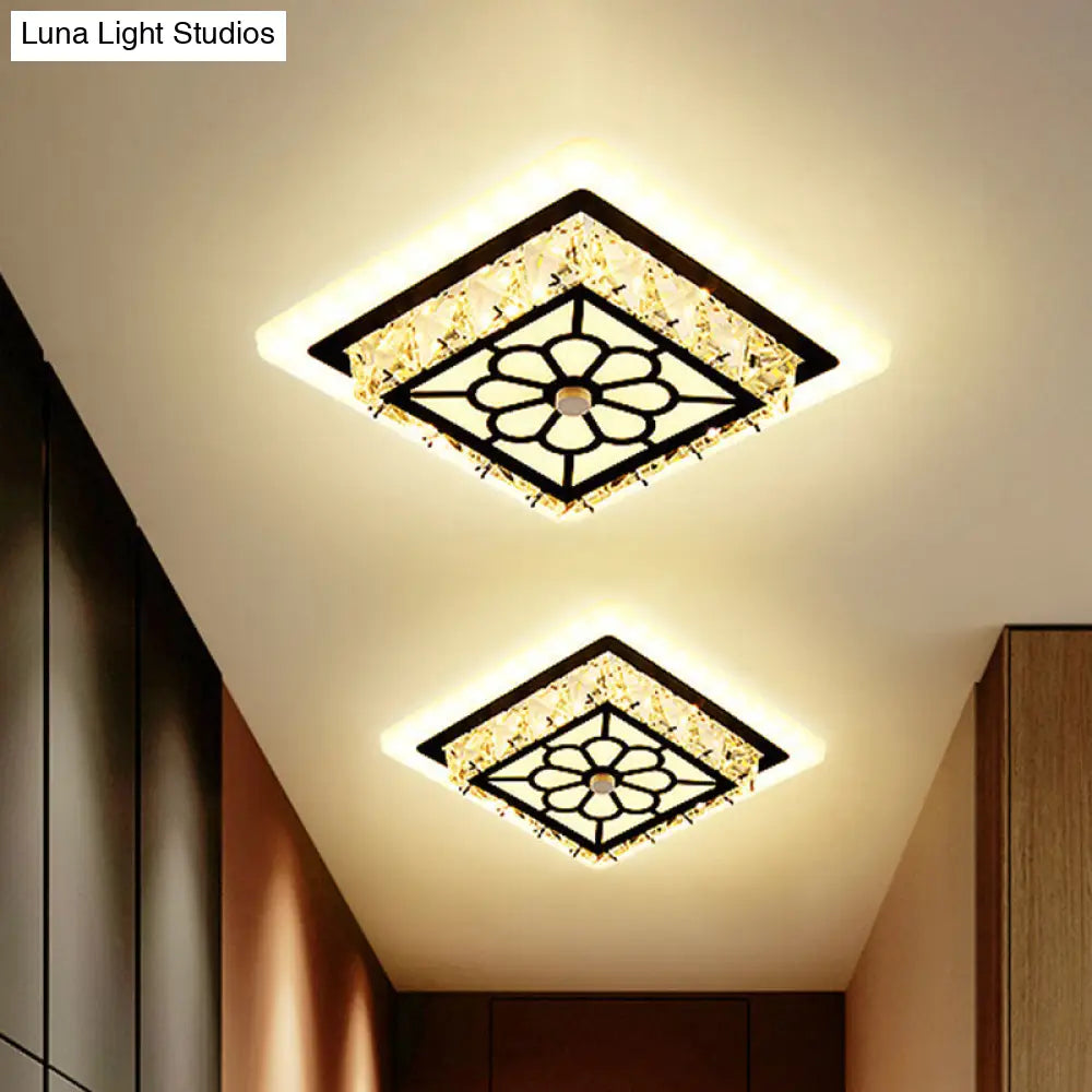 Modern Black Floral Pattern Crystal Led Ceiling Light - Beveled Round/Square Flushmount Lamp For