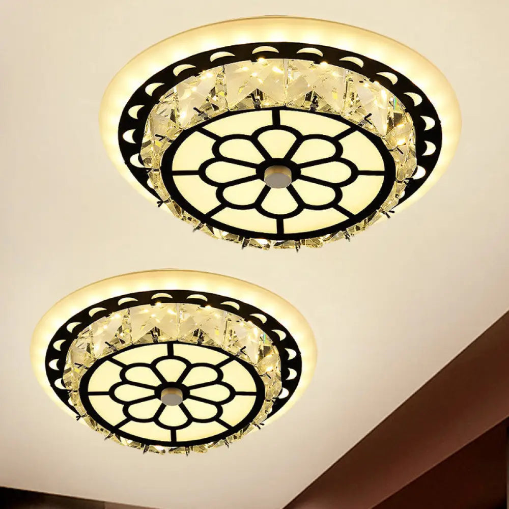 Modern Black Floral Pattern Crystal Led Ceiling Light - Beveled Round/Square Flushmount Lamp For