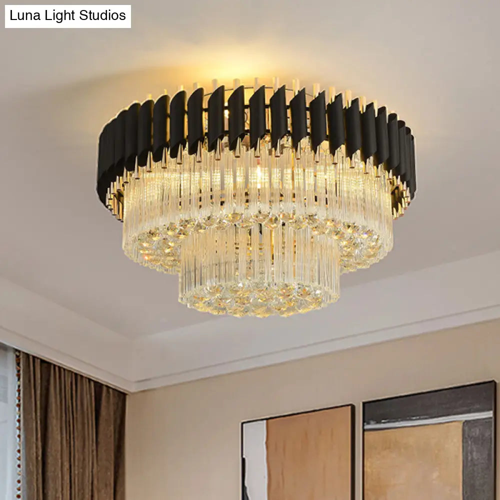 Modern Black Flush Ceiling Light With Clear Dropped Crystals - 4 Heads Tapered Design