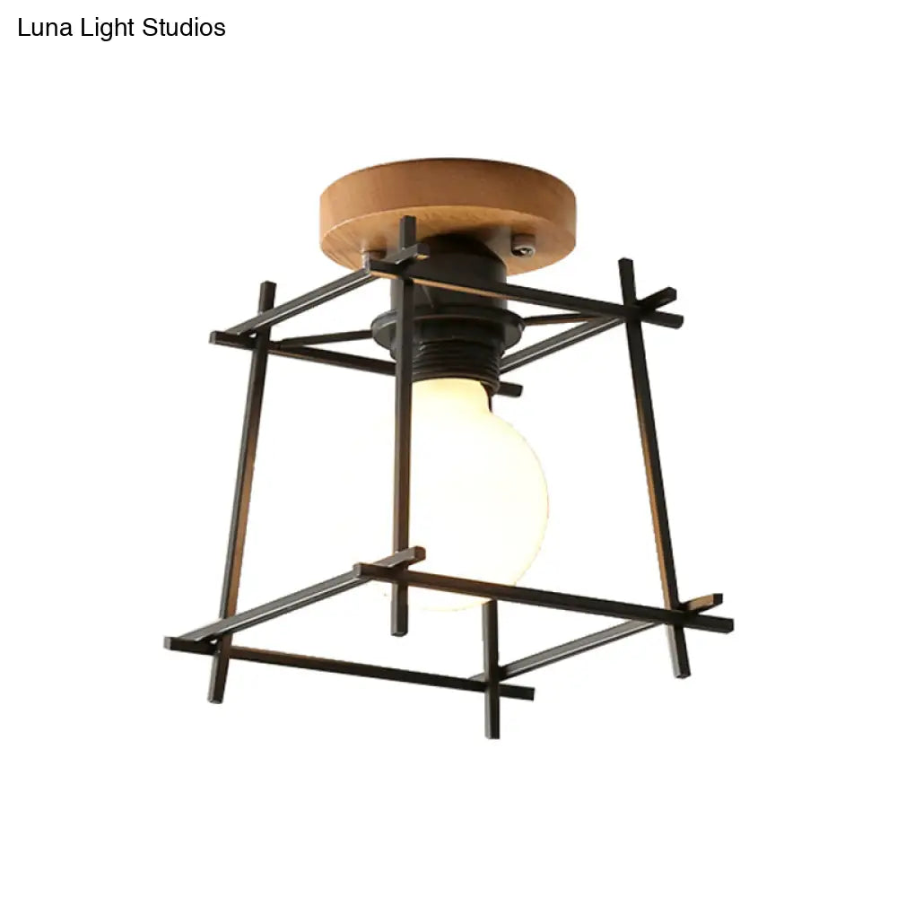 Modern Black Flush Mount Ceiling Lamp With Circle Metal/Wood Canopy