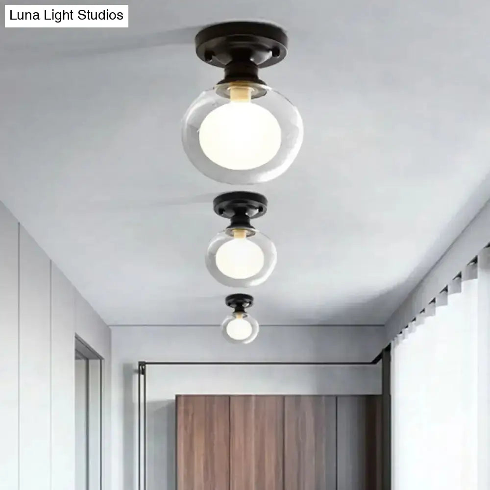 Modern Black Flush Mount Light Fixture With 1-Light Globe Dual Glass Shade - Ideal For Corridors