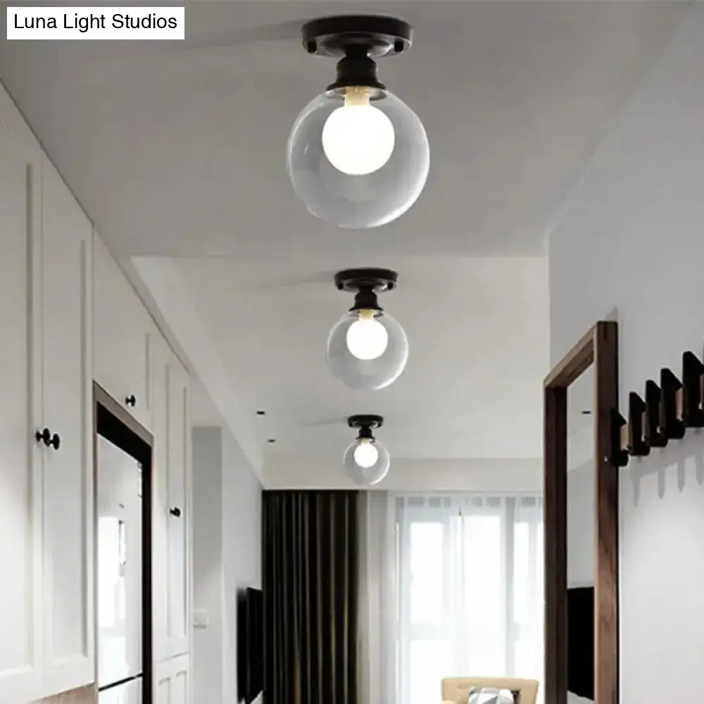 Modern Black Flush Mount Light Fixture With 1-Light Globe Dual Glass Shade - Ideal For Corridors