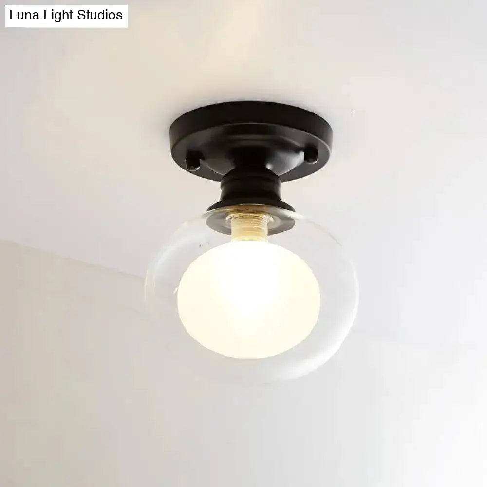 Modern Black Flush Mount Light Fixture With 1-Light Globe Dual Glass Shade - Ideal For Corridors