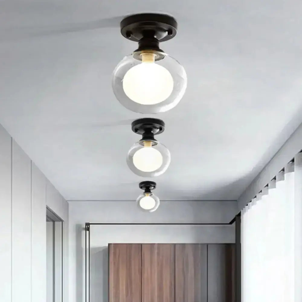 Modern Black Flush Mount Light Fixture With 1-Light Globe Dual Glass Shade - Ideal For Corridors / B