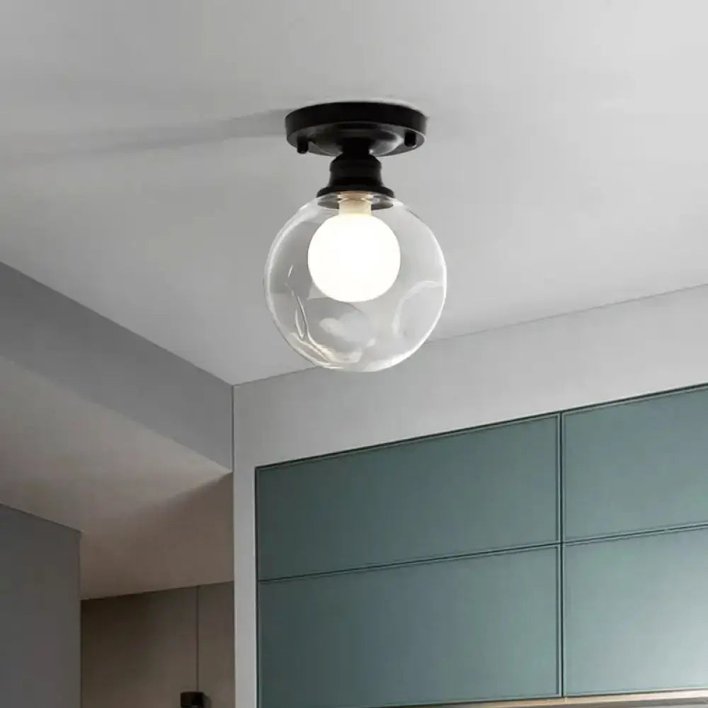 Modern Black Flush Mount Light Fixture With 1-Light Globe Dual Glass Shade - Ideal For Corridors / C