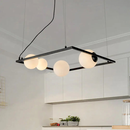 Modern Black Frame Chandelier Lamp With Opal Glass Shades - 4 Heads Pendant Light Fixture